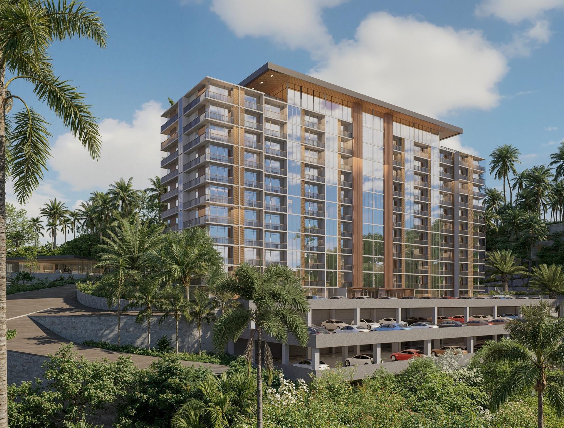 The Palm Haus — exterior render with tropical landscape
